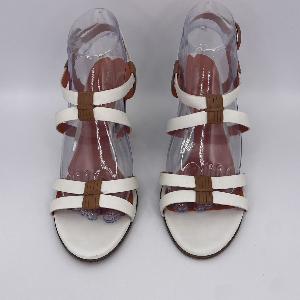 Via Spiga Sz 9 Strappy White & Brown Heels Stiletto Sandals Italian Leather - Picture 2 of 13